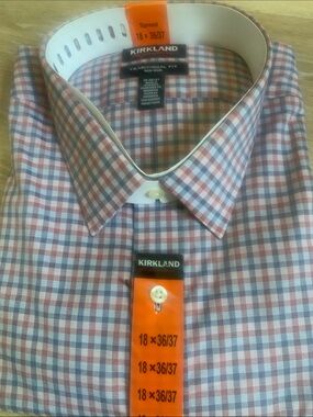 Kirkland Signature Plaid Spread Collar Dress Shirt - Blue, Red & White
